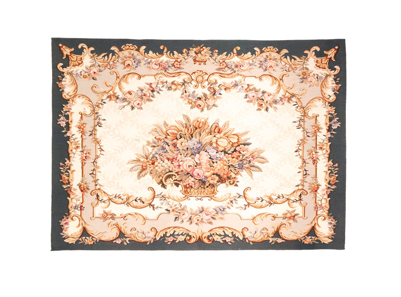 Tapiz Aubusson de lujo. Diseño floral clásico. Hecho a mano. Añade elegancia a cualquier habitación.